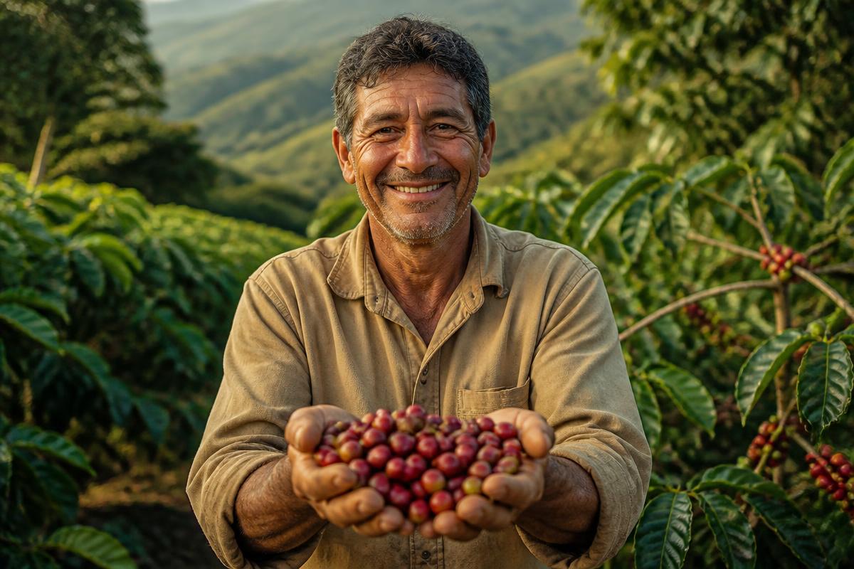 Coffee producer with freshly harvested cherries